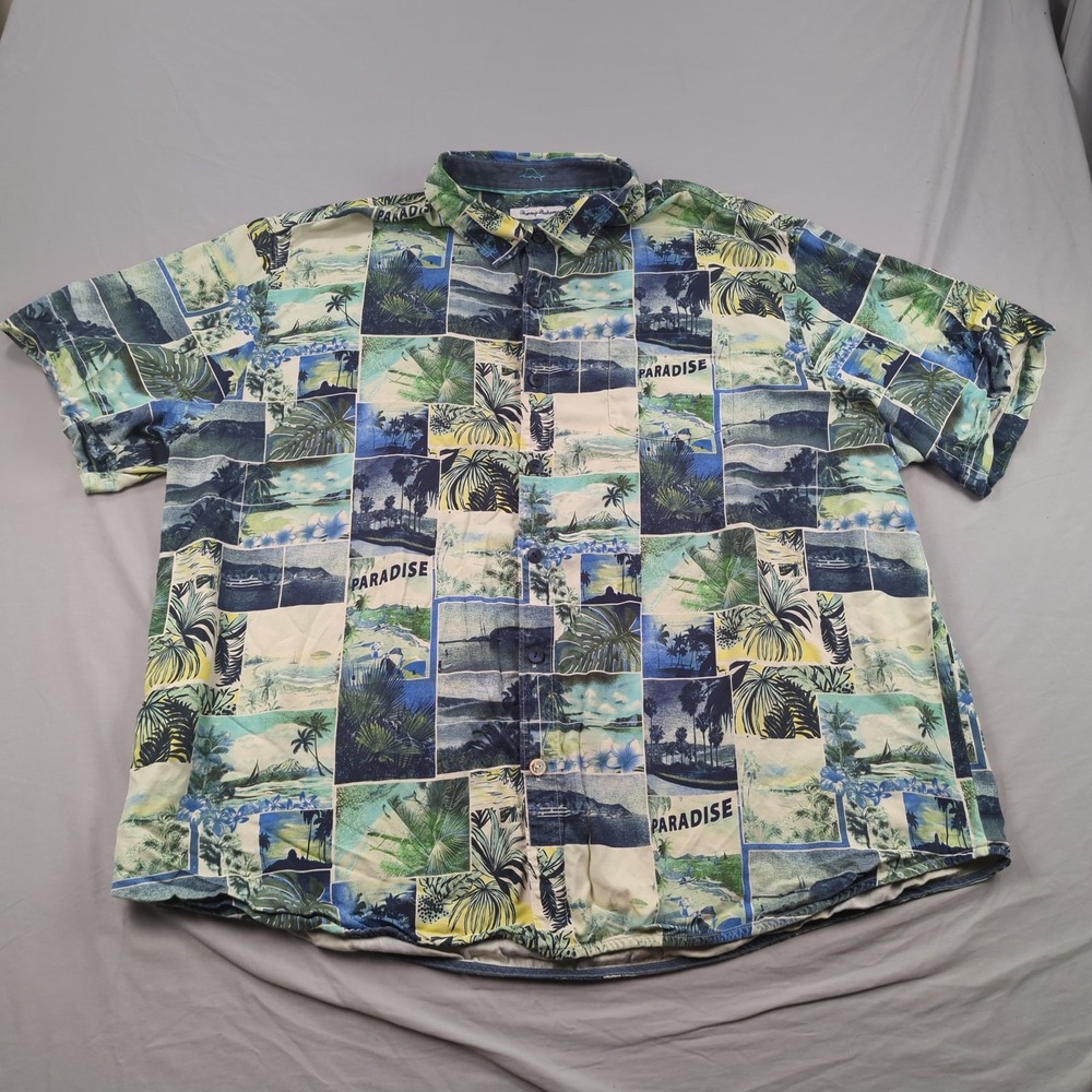 Tommy Bahama Shirt Mens 3XLB Blue Silk Graphic Print Patchwork Hawiian